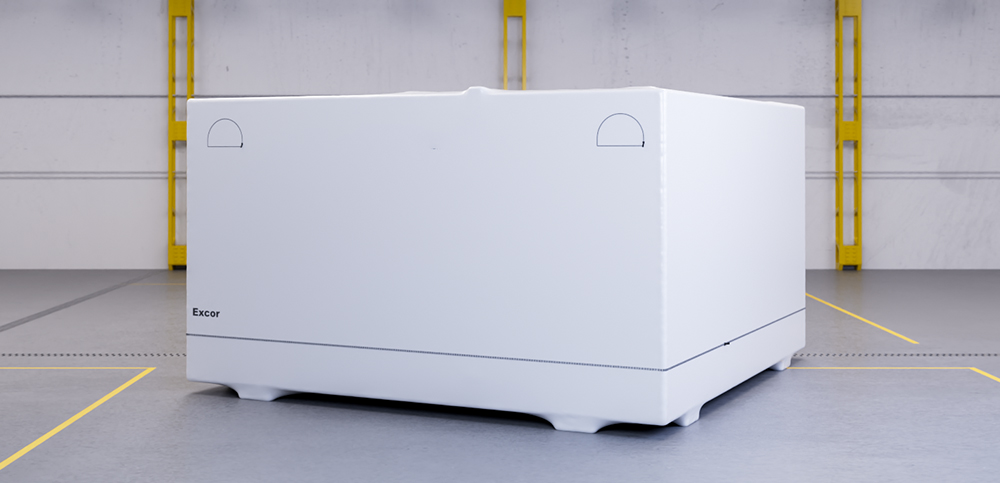 Container with white FleeceTech protective packaging in a warehouse